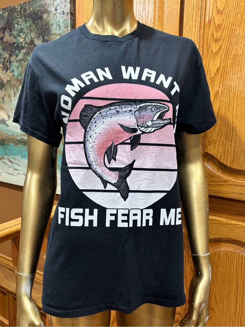 Gildan Black Tee with Pink & White Fish Graphic”Woman want me, Fish fear me”